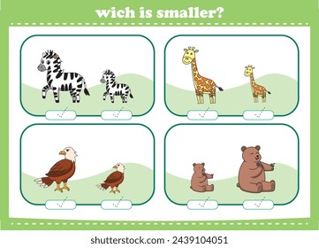 Education game for children choose the smaller picture of cute cartoon wild animals printable worksheet