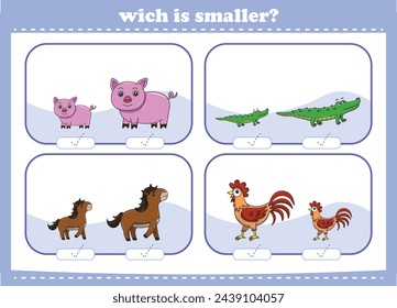 Education game for children choose the smaller picture of cute cartoon wild animals printable worksheet