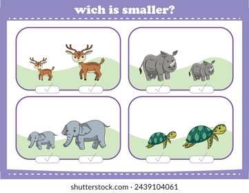 Education game for children choose the smaller picture of cute cartoon wild animals printable worksheet