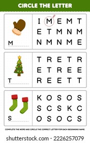 Education game for children circle the beginning letter from cute cartoon mitten christmas tree sock printable winter worksheet