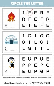 Juego de educación para niños rodea la letra inicial de la tira tira de dibujos animados iglú pingüino imprimible hoja de cálculo de invierno