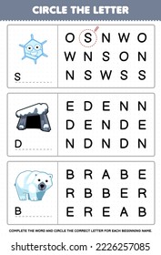 Education game for children circle the beginning letter from cute cartoon snowflake den polar bear printable winter worksheet