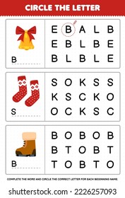 Education game for children circle the beginning letter from cute cartoon bell sock boot printable winter worksheet