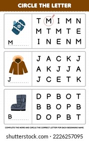 Education game for children circle the beginning letter from cute cartoon mitten jacket boot printable winter worksheet