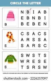 Education game for children circle the beginning letter from cute cartoon beanie scarf sweater printable winter worksheet