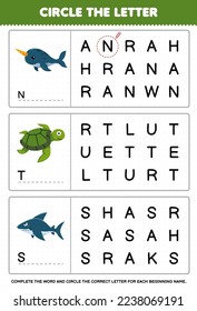 Education game for children circle the beginning letter from cute cartoon narwhal turtle shark printable underwater worksheet