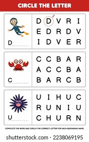Education game for children circle the beginning letter from cute cartoon diver crab urchin printable underwater worksheet