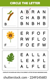 Education game for children circle the beginning letter from cute cartoon branch flower leaf printable nature worksheet
