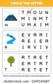 Education game for children circle the beginning letter from cute cartoon mountain river tree printable nature worksheet