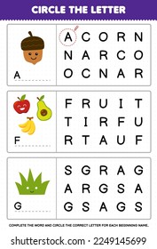 Education game for children circle the beginning letter from cute cartoon acorn fruit grass printable nature worksheet