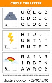 Education game for children circle the beginning letter from cute cartoon cloud thunder rainbow printable nature worksheet