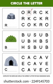Education game for children circle the beginning letter from cute cartoon rock bush cave printable nature worksheet