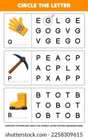 Education game for children circle the beginning letter from cute cartoon glove pickaxe boot printable tool worksheet