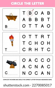 Education game for children circle the beginning letter from cute cartoon boat torch and cannon printable pirate worksheet