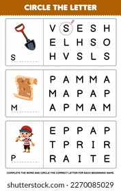 Education game for children circle the beginning letter from cute cartoon shovel map and pirate printable pirate worksheet