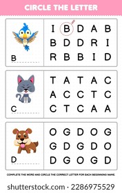 Education game for children circle the beginning letter from cute cartoon bird cat dog printable animal worksheet