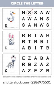 Education game for children circle the beginning letter from cute cartoon swan rabbit zebra printable animal worksheet