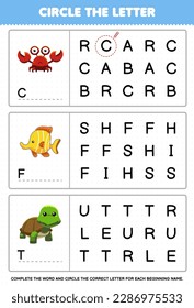Education game for children circle the beginning letter from cute cartoon crab fish turtle printable animal worksheet