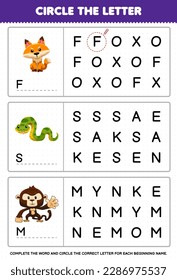 Education game for children circle the beginning letter from cute cartoon fox snake monkey printable animal worksheet