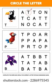 Education game for children circle the beginning letter from cute cartoon toucan parrot bat printable animal worksheet