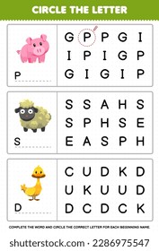 Education game for children circle the beginning letter from cute cartoon pig sheep duck printable animal worksheet