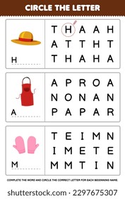 Education game for children circle the beginning letter from cute cartoon hat apron mitten printable wearable clothes worksheet