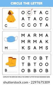 Juego de educación para niños rodear la letra inicial de la hoja de cálculo de la ropa de uso de impermeable tierno