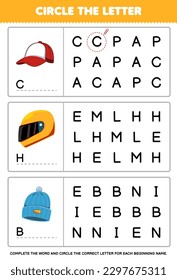 Education game for children circle the beginning letter from cute cartoon cap helm beanie hat printable wearable clothes worksheet