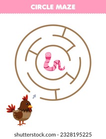 Education game for children circle maze draw line help chicken move to the worm printable animal worksheet