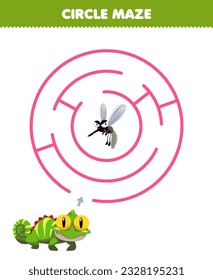 Education game for children circle maze draw line help iguana move to the mosquito printable animal worksheet