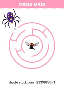 Erziehungsspiel für Kinder im Kreise Labyrinth-Zeichenkette hilft süße Cartoon-Spinne, zum fliegenden druckbaren Bug-Arbeitsblatt zu wechseln