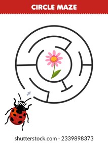 Education game for children circle maze draw line help cute cartoon ladybug move to the flower printable bug worksheet