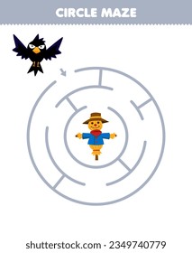 Education game for children circle maze draw line help crow move to the scarecrow printable farm worksheet