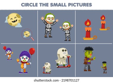 Education game for children circle the small picture of cute cartoon moon skeleton candle clown ghost frankenstein printable halloween worksheet