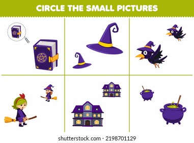 Education game for children circle the small picture of cute cartoon magic book hat crow witch cauldron spooky house printable halloween worksheet