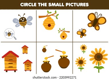 Juego de educación para niños rodea la pequeña imagen de la adorable abeja de caricatura mariposa miel girasol hoja de cálculo imprimible