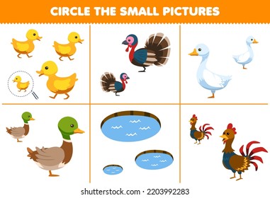 Education game for children circle the small picture of cute cartoon duck turkey goose duckling pond chicken printable farm worksheet