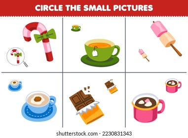 Education game for children circle the small picture of cute cartoon candy tea marshmallow coffee chocolate printable winter worksheet