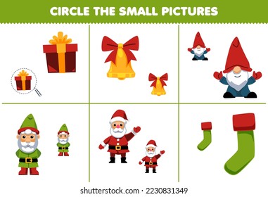 Education game for children circle the small picture of cute cartoon gift box bell gnome santa sock printable winter worksheet