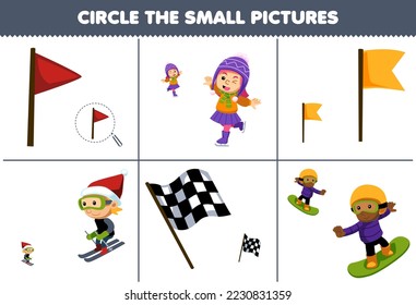 Education game for children circle the small picture of cute cartoon boy and girl playing ice skating ski snowboard printable winter worksheet