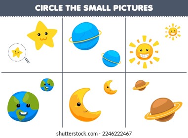 Education game for children circle the small picture of cute cartoon star sun moon earth planet printable nature worksheet