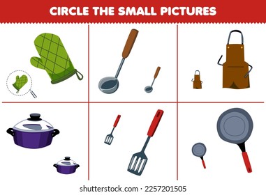 Erziehungsspiel für Kinder umkreisen das kleine Bild von süßem Cartoon-Vorhut-Handschuh-Topf Spatel Pfanne druckbaren Werkzeug-Arbeitsblatt