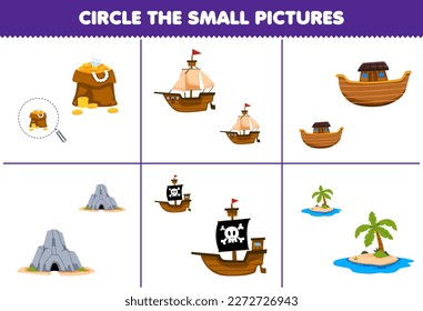 Education game for children circle the small picture of cute cartoon treasure ship cave island printable pirate worksheet