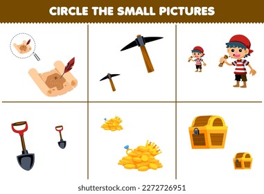 Education game for children circle the small picture of cute cartoon treasure map pickaxe boy shove gold chest printable pirate worksheet