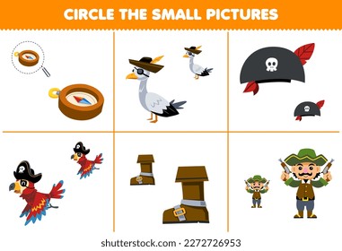 Erziehungsspiel für Kinder umkreisen das kleine Bild von süßem Cartoon-Kompass, Stiefelvogel und handdruckbare Piratenblattmuster