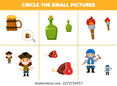 Education game for children circle the small picture of cute cartoon meat bottle torch boy and old man printable pirate worksheet