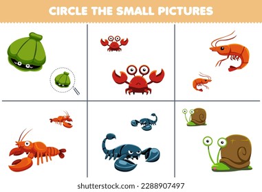 Education game for children circle the small picture of cute cartoon shell crab shrimp lobster scorpion snail printable animal worksheet