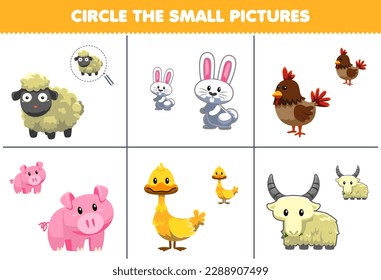 Juego de educación para niños rodea la pequeña imagen de la caricatura linda de cerdo de cerdo de cerdo de cerdo de cerdo de cerdo de cerdo imprimible hoja de cálculo animal