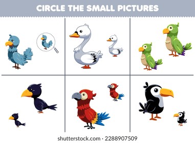 Juego de educación para niños rodea la pequeña imagen de la adorable paloma de dibujos animados loro de cuerdas cigalas toucan hoja de cálculo animal imprimible