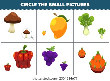 Education game for children circle the small picture of cute cartoon mushroom mango lettuce paprika grape dragon fruit printable worksheet